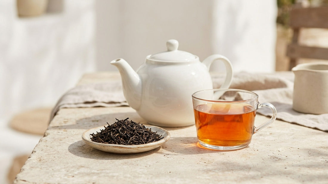 Brewed Mariage Frères Boléro black tea in a glass cup beside a white teapot and loose black tea leaves on a sunlit stone terrace table