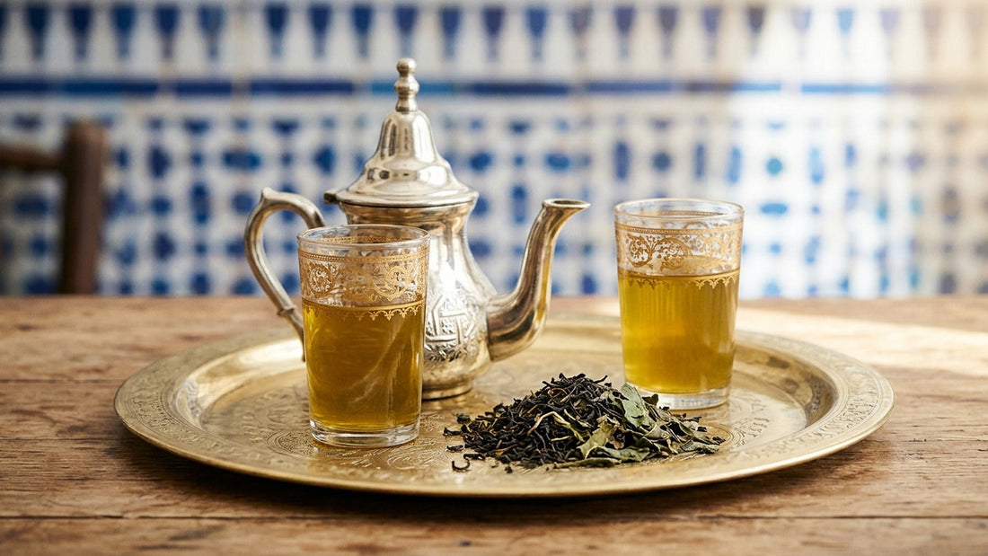 Two glasses of Mariage Frères Casablanca tea and a silver teapot on a brass tray with loose black and green tea leaves, blue tile behind