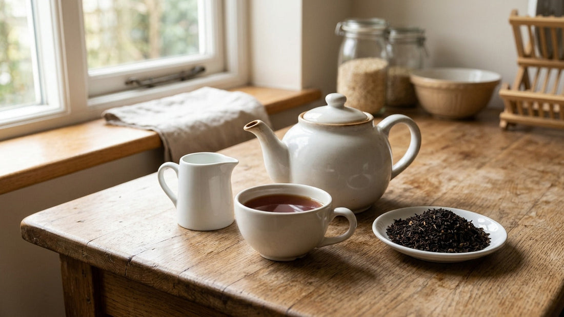 A cup of Mariage Frères English Breakfast black tea with a white teapot, milk jug and loose broken-leaf tea on an oak kitchen table