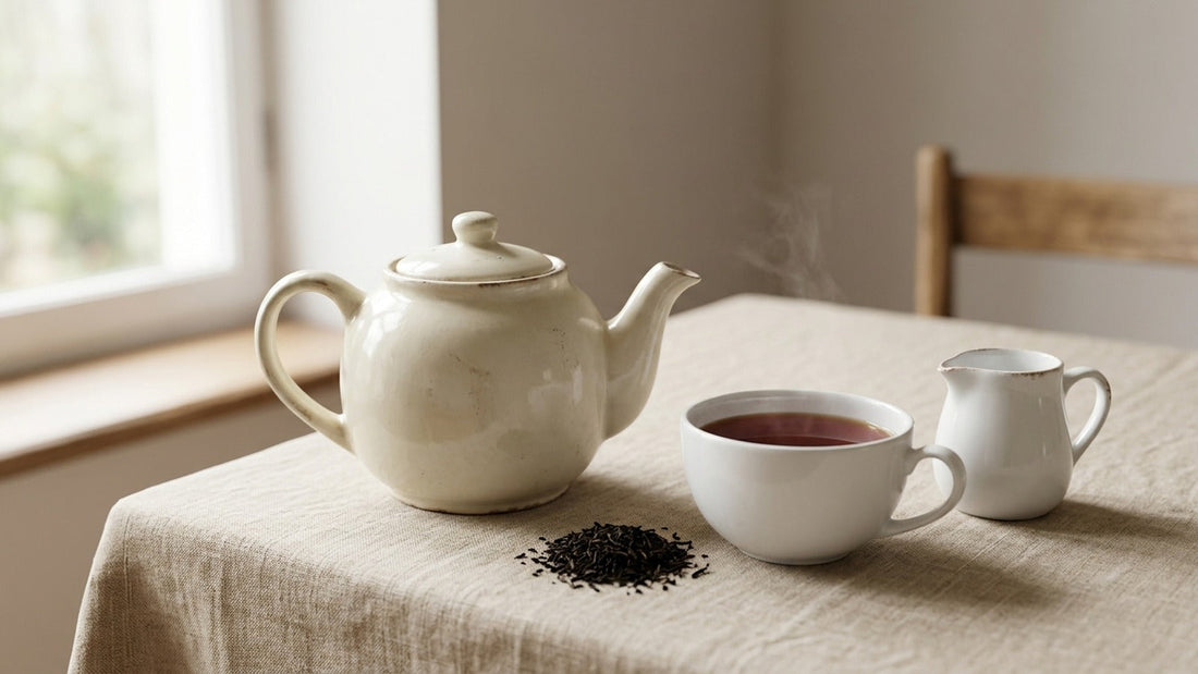 A cup of Mariage Frères French Breakfast black tea with a cream teapot, milk pitcher and loose tea leaves on a linen-covered farmhouse table