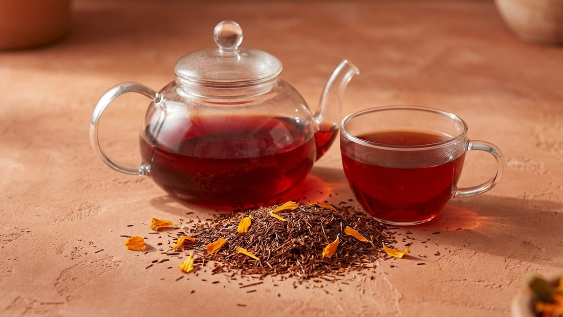 Ruby-red Mariage Frères Nil Rouge rooibos in a glass teapot and cup, with loose rooibos and marigold petals on a terracotta surface