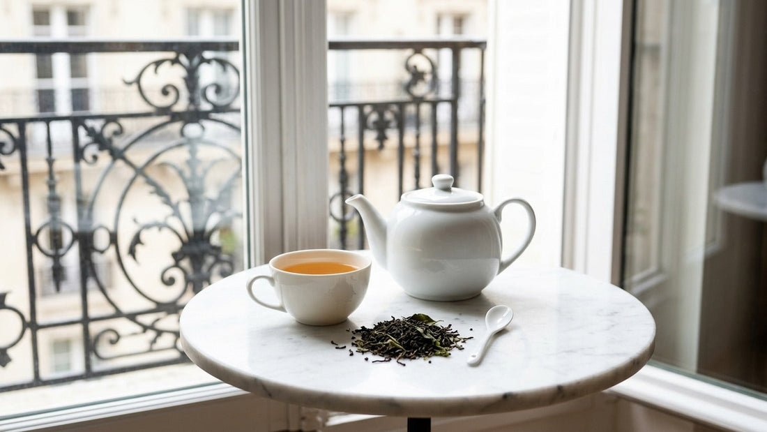 A cup of Mariage Frères Paris Breakfast tea beside a white teapot and loose tea leaves on a marble café table by a Paris balcony window