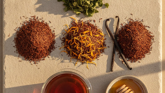 Small heaps of loose rust-red rooibos needles and dried green peppermint leaves on a pale stone board beside a glass cup of amber-red infusion