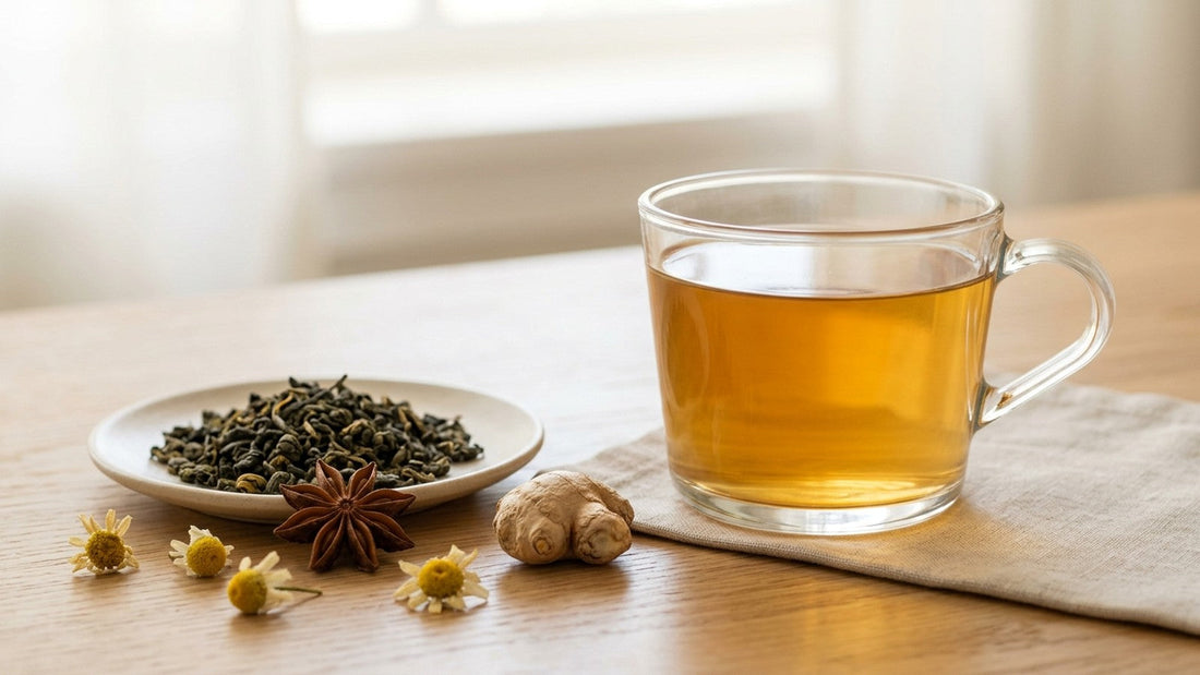 Mariage Frères Shanghaï Breakfast Tea with oolong leaves, brewed tea, ginger and anise