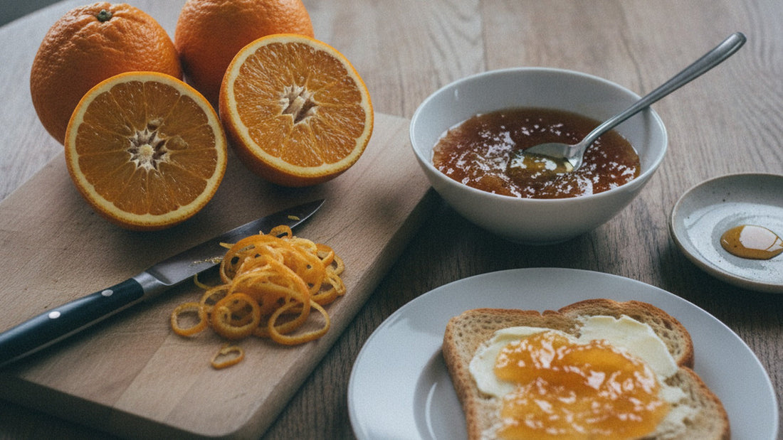 Halved Seville oranges, a heap of thin-cut peel and a small bowl of amber marmalade beside buttered toast on a worn wooden table in low winter light