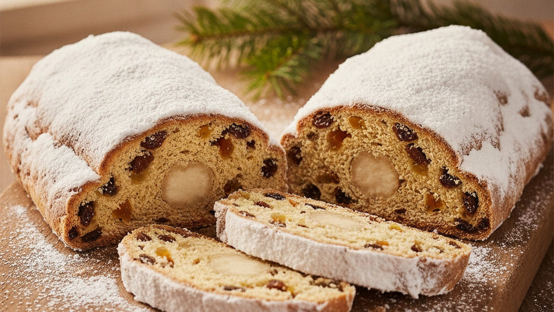 A sugar-dusted stollen on a wooden board, cut through the middle to show a round core of marzipan inside a crumb studded with raisins, candied peel and almonds