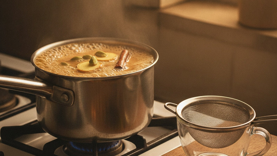 A small steel saucepan of chai rising to a foamy boil, milky amber with whole cardamom pods and a cinnamon stick visible, a strainer resting over a glass cup beside it