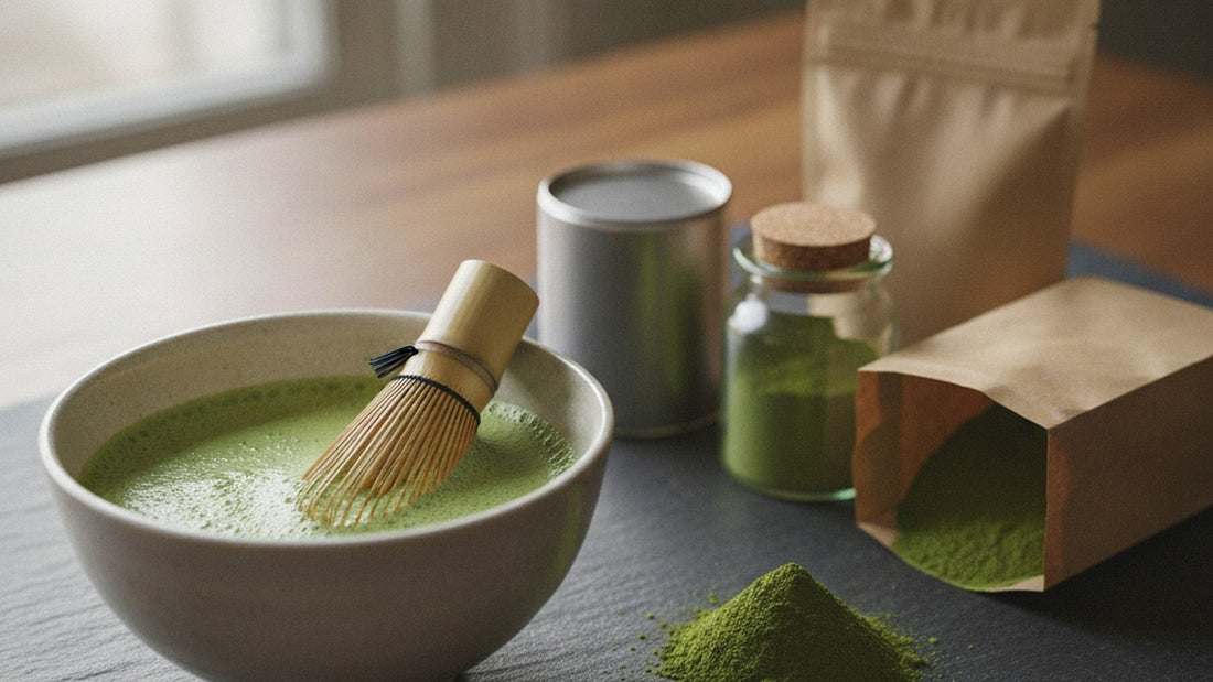 Bowl of frothy whisked matcha with a bamboo whisk and matcha powder