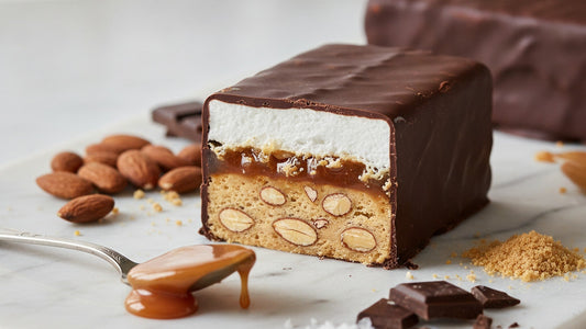 A slab of layered dark chocolate candy cut in cross-section to show caramel, white marshmallow and almond nougat, beside toasted almonds, shortbread crumbs and a ribbon of caramel on a marble board