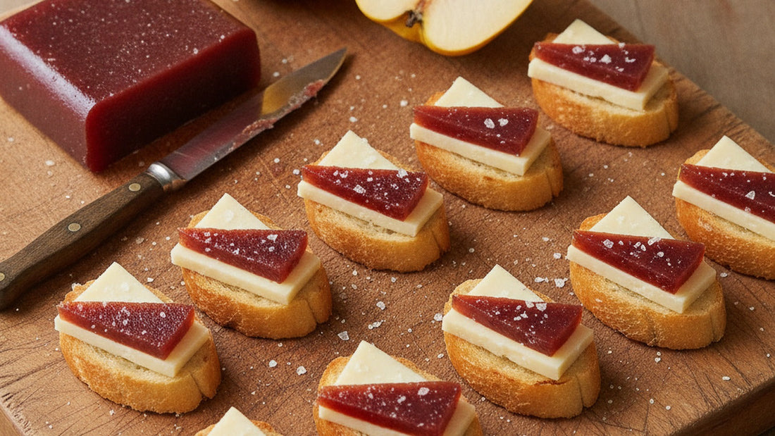 Toasted baguette slices on a wooden board, each topped with a thin triangle of pale Manchego and a glossy garnet slice of quince paste, a halved yellow quince beside them