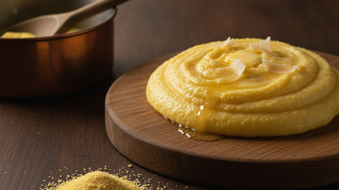 A wooden board of soft golden polenta with a pool of melted butter, beside a small heap of coarse yellow cornmeal and a wooden spoon on a dark table