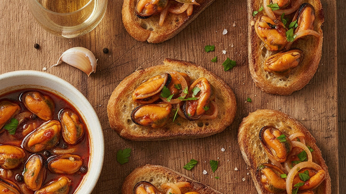 Slices of toasted bread topped with plump orange mussels glossy with paprika-red oil, slivers of soft onion and chopped parsley, on a wooden board