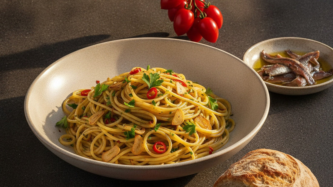 A bowl of spaghetti glossy with olive oil, garlic and parsley beside a hanging bunch of small red tomatoes tied with string and a dish of anchovy fillets on a dark volcanic stone table