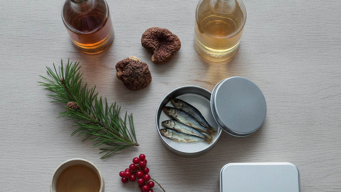 A pale oak table in soft northern light with a bottle of Mushroom Garum, a bottle of sparkling tea, a black licorice tin, a Danish tin of smoked trout, a sprig of pine, a few dried mushrooms and a small ceramic cup