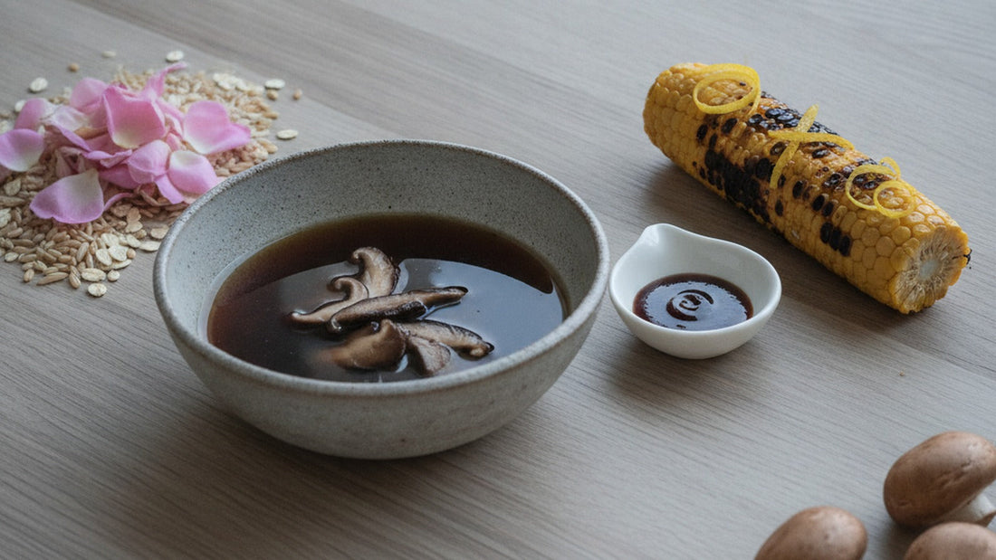 A shallow stoneware bowl of dark mushroom broth on pale oak, beside a small dish of glossy brown sauce, a roasted ear of sweet corn, a few fresh mushrooms, a scatter of oat grains and pink beach rose petals