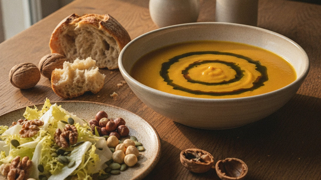 A bowl of golden squash soup swirled with dark green pumpkin seed oil beside a chicory salad with walnut halves, a small heap of roasted hazelnuts and a scatter of green pumpkin seeds on an oak table