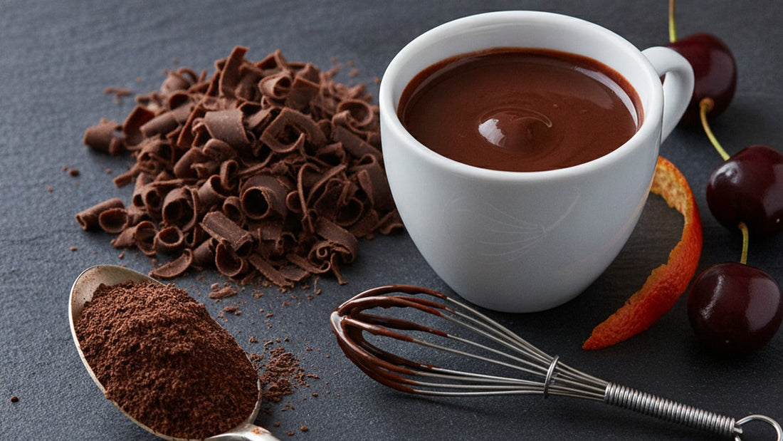 A heap of fine dark chocolate flakes on a slate beside a cup of thick drinking chocolate, a whisk, a strip of blood orange peel and a few dark cherries