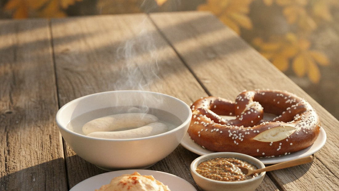 Two white sausages in a bowl of steaming water beside a salted lye pretzel and a small dish of coarse brown sweet mustard on a wooden beer-garden table under chestnut trees