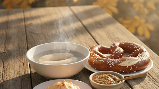 Two white sausages in a bowl of steaming water beside a salted lye pretzel and a small dish of coarse brown sweet mustard on a wooden beer-garden table under chestnut trees