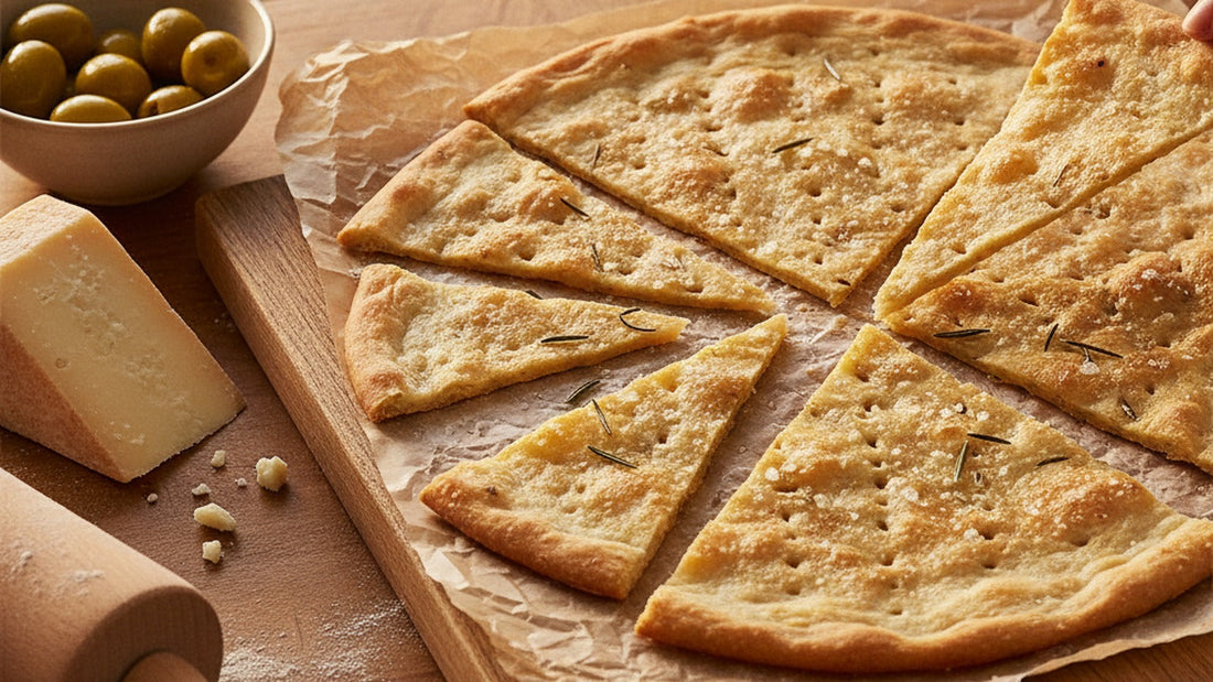 A thin sheet of golden, blistered olive oil cracker broken into long shards on parchment, flecked with flaky salt and rosemary, a bowl of green olives and a wedge of hard cheese beside it