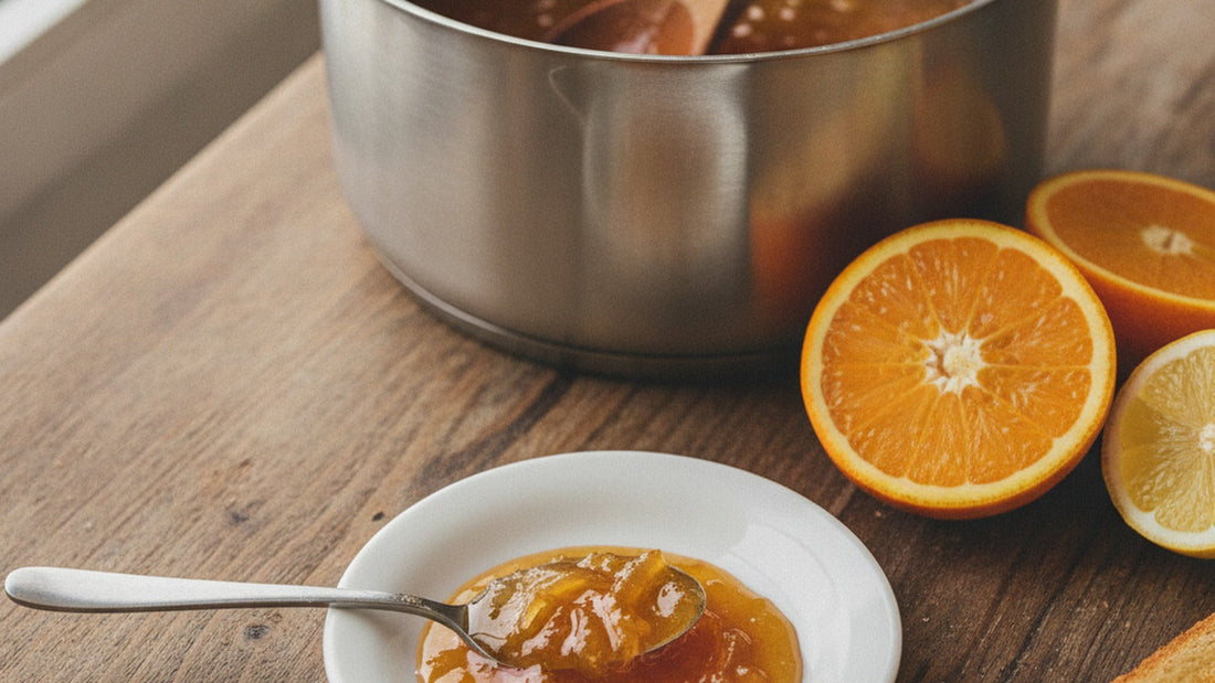 A spoonful of amber orange marmalade on a chilled white saucer, its surface wrinkling under a fingertip, a wide pot of glossy marmalade with suspended strips of peel behind it