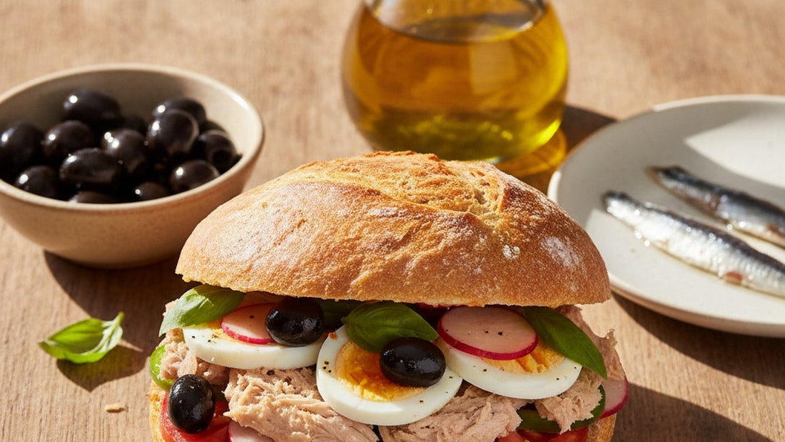 A pressed round pan bagnat cut in half on parchment, layers of tuna, tomato, egg, olives and basil visible, the cut crumb stained with olive oil and tomato juice