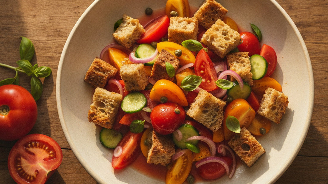 A wide shallow bowl of panzanella, torn golden bread cubes glossy with tomato juice among red and yellow tomato wedges, thin red onion, capers and torn basil