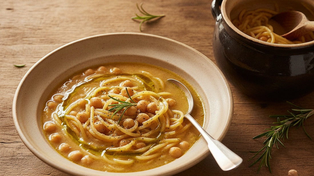 A shallow bowl of thick pasta e ceci, short lengths of broken spaghetti and whole chickpeas in a creamy golden broth, finished with a thread of green olive oil and a sprig of rosemary