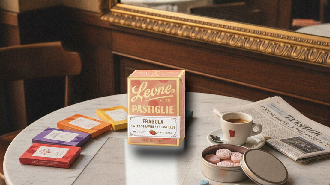 Six small colorful Leone pastille boxes stacked and fanned on a marble café table in Turin beside a round tin of pink rose candies, an espresso cup and a folded newspaper, with an arcade and gilt café mirror behind