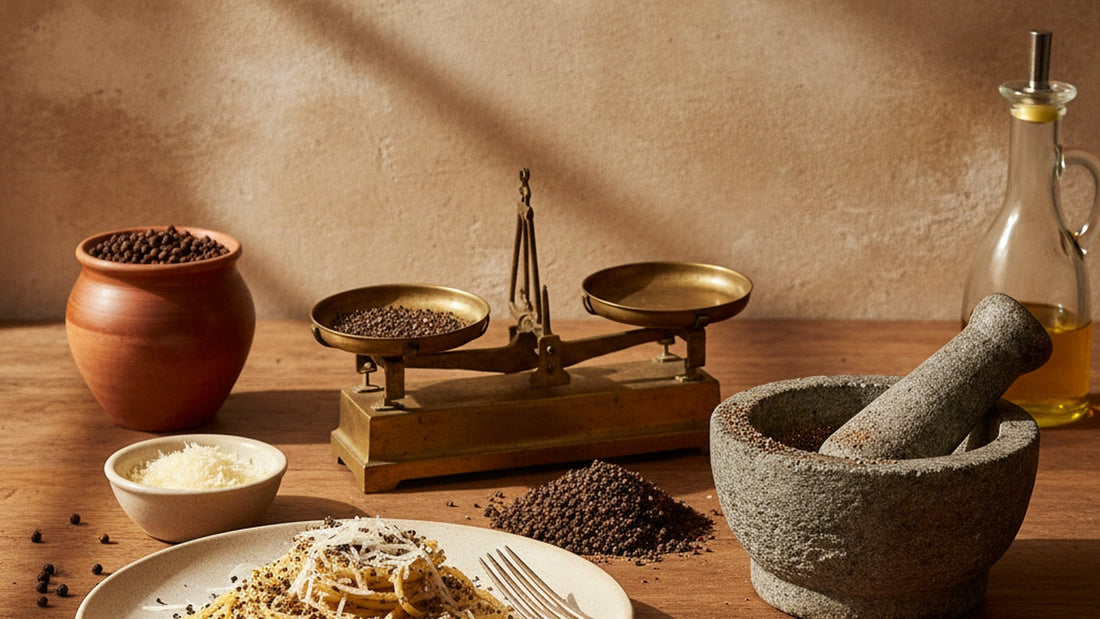 A heap of whole black peppercorns beside a brass pan scale and a stone mortar of cracked pepper, with a plate of pasta finished with pepper and grated cheese on a worn walnut table