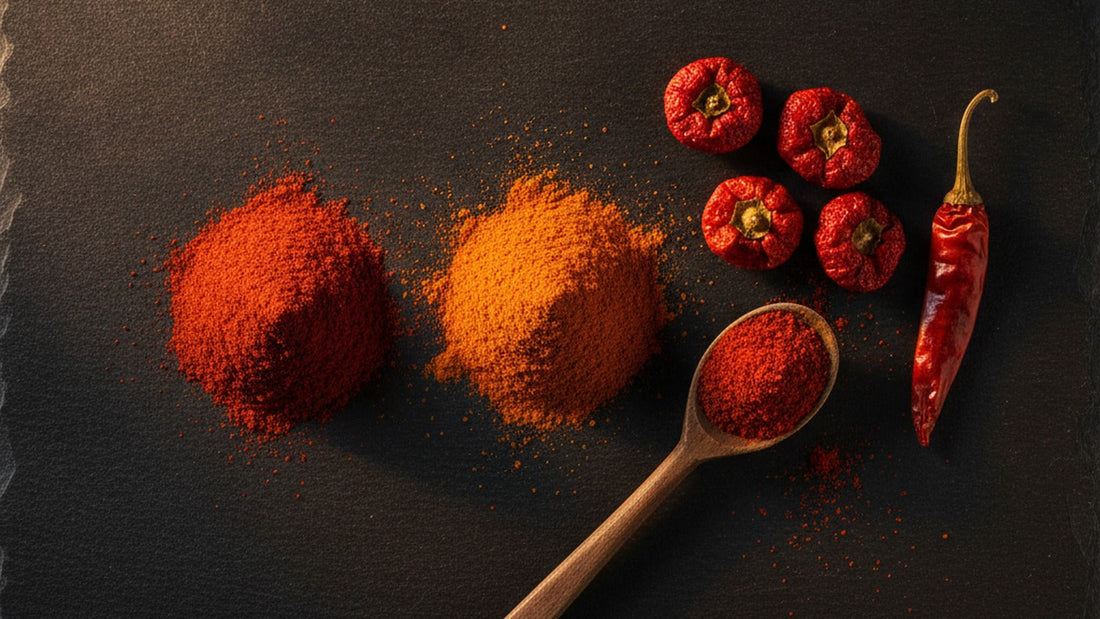 A mound of deep brick-red pimentón on dark slate beside a brighter red sweet paprika, with whole dried red peppers and a small wooden spoon dusted in the powder