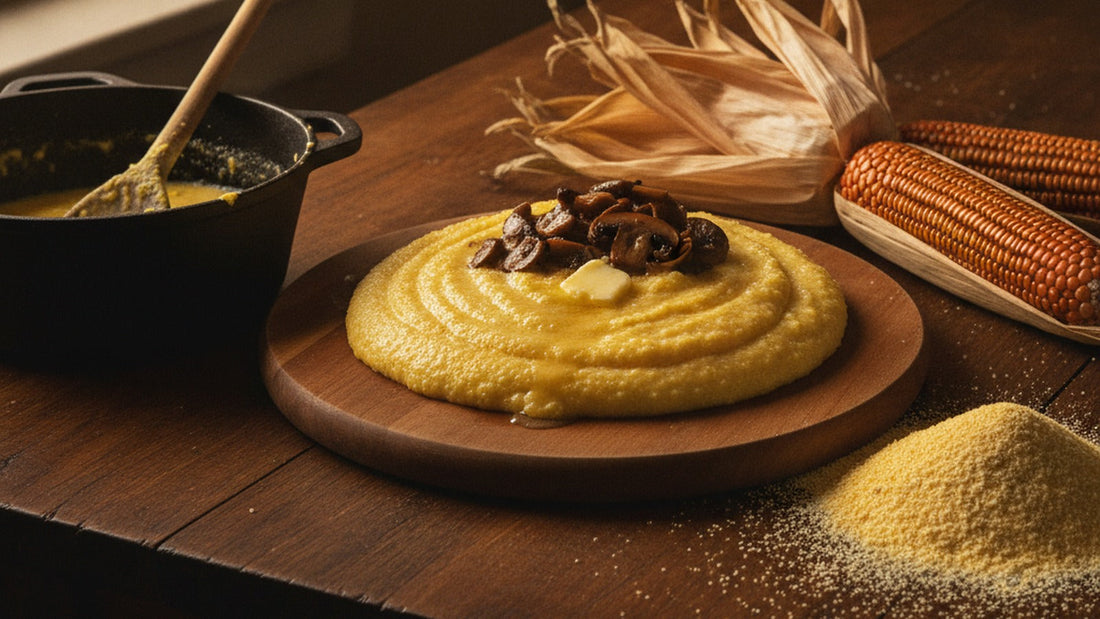 Soft golden polenta spread on a round wooden board with sautéed mushrooms, beside a heap of coarse yellow cornmeal and two dried ears of orange corn on a dark wooden table
