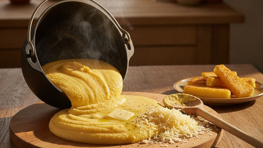 Soft golden polenta pouring from a heavy pot onto a round wooden board, steam rising, butter melting and grated cheese on top