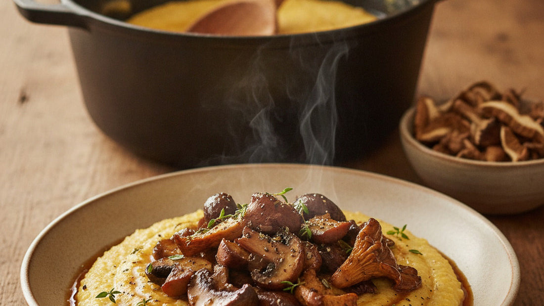 A shallow bowl of soft golden polenta topped with deeply browned mixed mushrooms, thyme and pan juices, steam rising, a pot and a wooden spoon behind