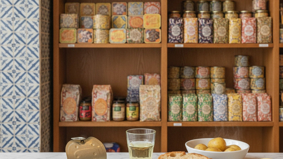 A Lisbon shop wall of brightly wrapped sardine tins in illustrated paper, with a plate of grilled sardines, a glass of vinho verde and a tiled azulejo panel visible at the edge