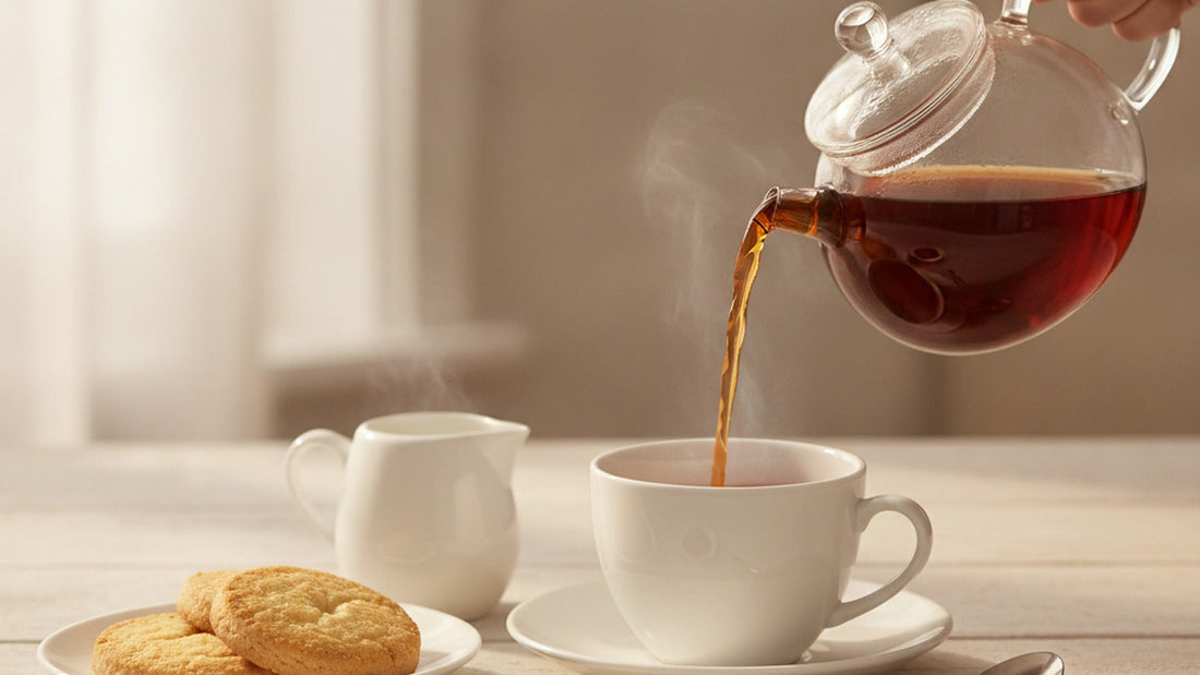 Dark amber black tea pouring from a glass teapot into a white cup, a small jug of milk and a plate of round butter shortbread beside it