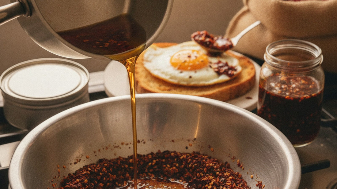 Hot oil being poured from a small saucepan into a steel bowl of red chile flakes, foaming bright red, with a fried egg on toast and a spoonful of finished chile oil beside it