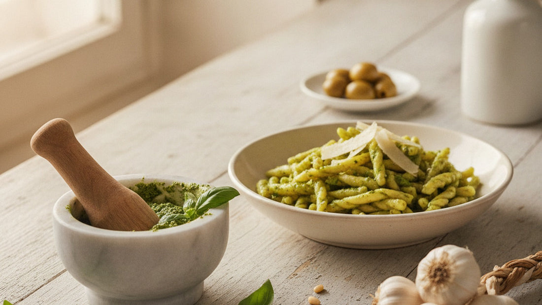 A small marble mortar of bright green basil pesto beside a bowl of trofie pasta dressed in pesto, with loose basil leaves, pine nuts and a braid of small white garlic bulbs on a worn wooden table
