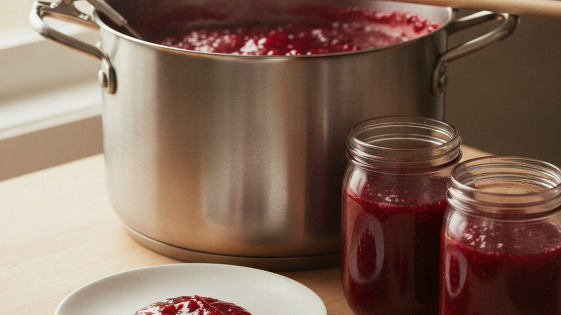 A wide pot of deep red raspberry jam at a rolling boil with a thermometer clipped to the side, a wooden spoon across the rim and a cold plate holding a wrinkled spoonful of set jam