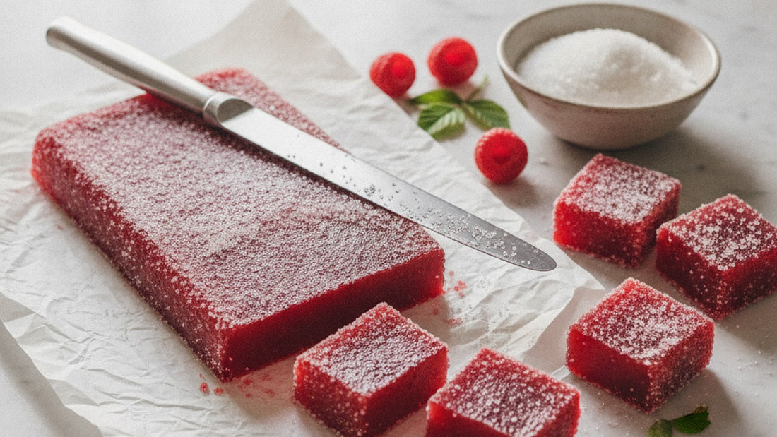 Squares of deep red raspberry pâte de fruit rolled in coarse sugar on parchment, beside the uncut slab and a knife