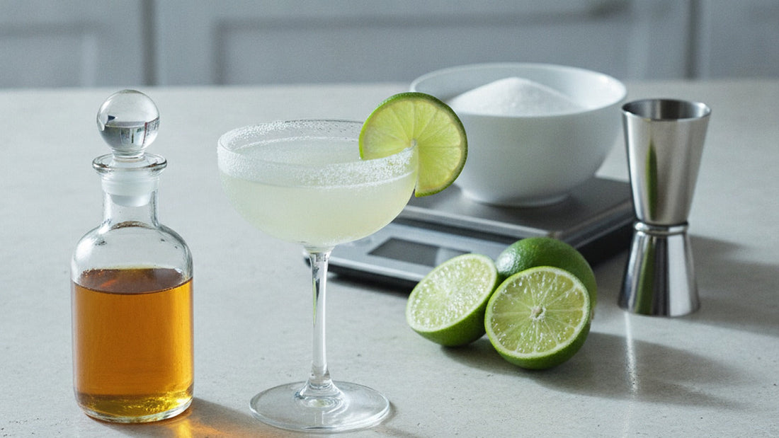 A clear bottle of glass-bright rich simple syrup beside a coupe of pale, frosted daiquiri, halved limes and a small bowl of sugar on a kitchen scale