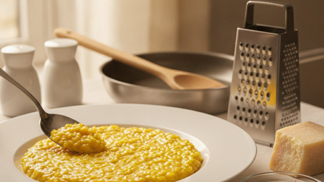 A shallow white plate of saffron-yellow risotto spread in an even wave, a spoon lifting a creamy portion, saffron threads and a chunk of Grana beside it