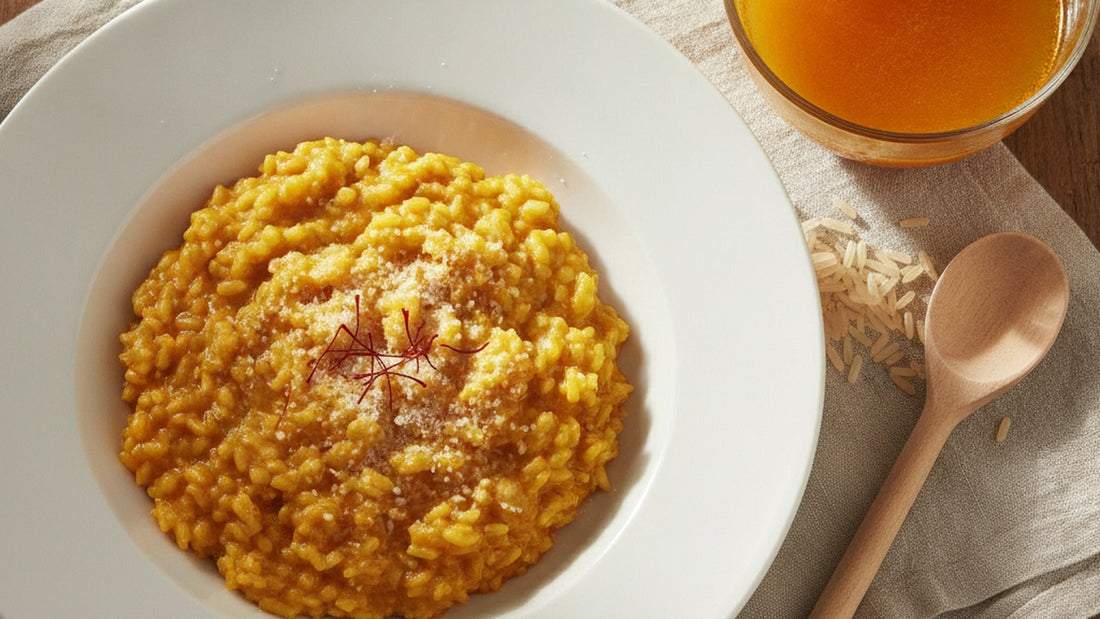 A shallow plate of saffron risotto, deep gold and loose enough to spread, with a few red saffron threads and a curl of grated cheese on top