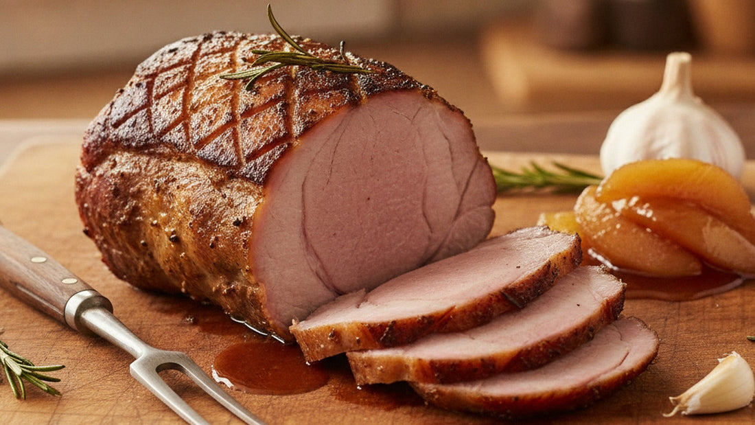 A roast pork loin with a crisp golden fat cap, partly carved into thin slices with blush-pink centers, on a wooden board with translucent amber pear slices in syrup spooned alongside and rosemary sprigs