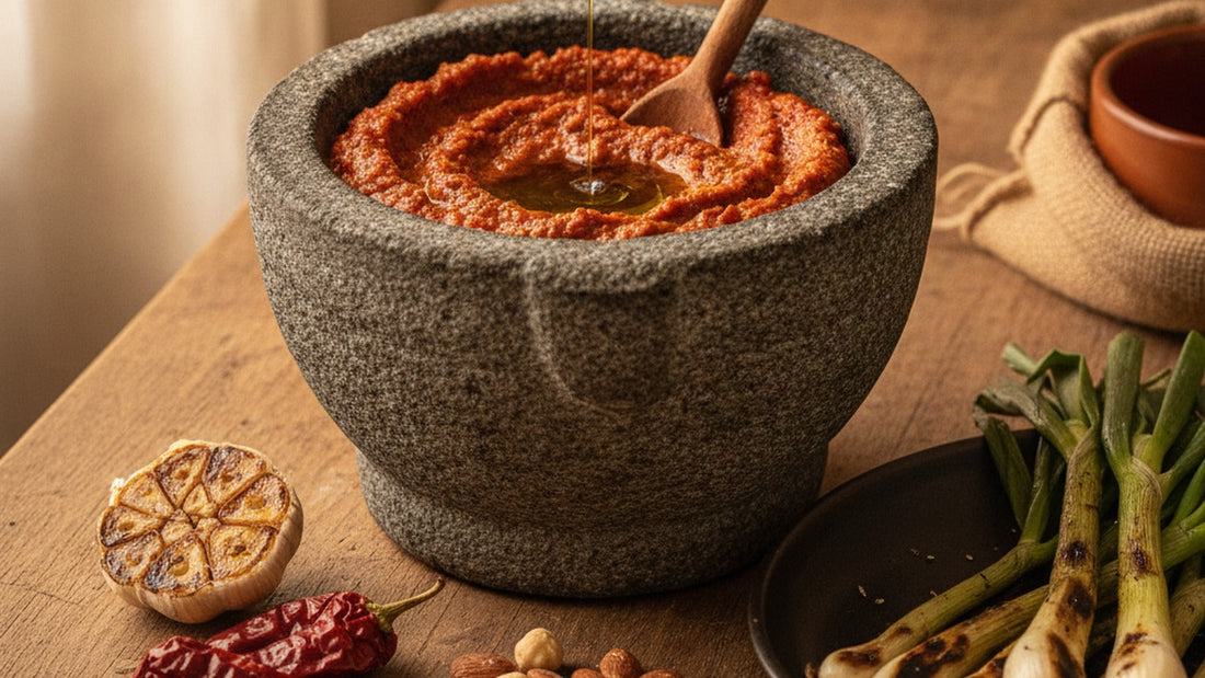A stone mortar of brick-red romesco sauce with a coarse, nubbly texture, a spoon resting in it, beside grilled spring onions and a few toasted almonds and hazelnuts