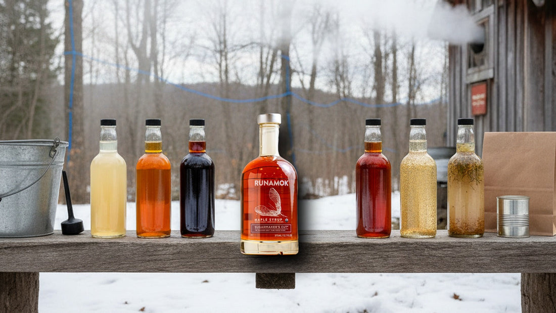 Six Runamok bottles lined up on a weathered wooden sugarhouse bench with steam and a sugar maple forest in snow behind, one bottle catching the light with visible shimmer