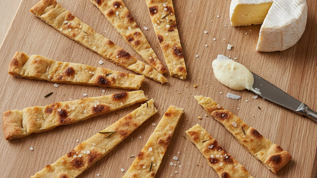 Long, thin, blistered sourdough flatbread shards with flecks of gray salt and rosemary on a wooden board beside a wedge of soft-ripened cheese