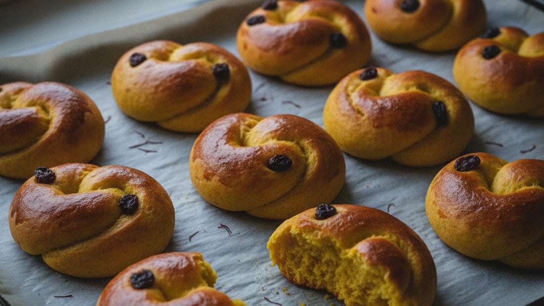 A baking sheet of glossy, deep yellow S-shaped saffron buns with a dark raisin set into each curl, one bun broken open to show a soft golden crumb