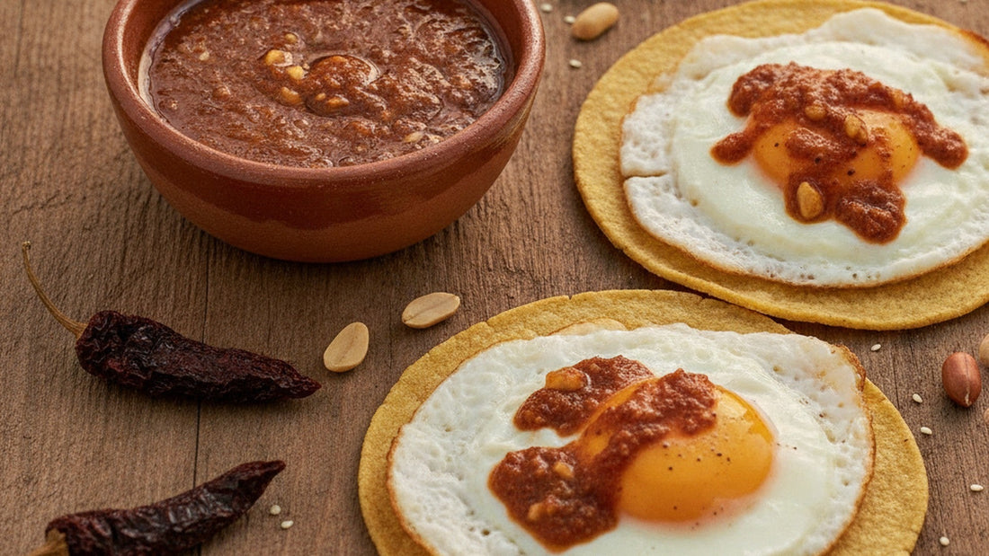 A small clay bowl of dark red salsa macha with visible peanut pieces and chile flakes in oil, beside fried eggs on corn tortillas and a few whole dried chipotle chiles