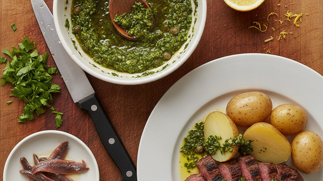 A shallow bowl of coarse, glossy green salsa verde with visible capers, a spoon resting in it, beside sliced grilled steak and boiled potatoes